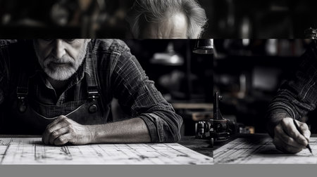 A focused man works on a detailed blueprint in a workshop, showcasing the artistry and precision involved in design and drafting processes, captured in black and white.の素材