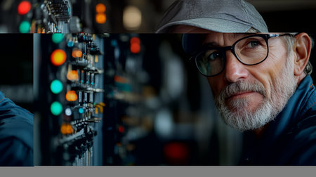 A focused electrical engineer examines control panels, showcasing expertise and professionalism in technology. The image highlights the intricate details of industrial equipment.の素材