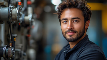 A young male electrical engineer poses confidently in an industrial setting, showcasing his skills and professionalism. Perfect for technology and engineering themes.の素材