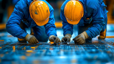 Two construction workers in orange helmets carefully work on an engineering project, showcasing teamwork and precision on the site, emphasizing safety and skill.の素材