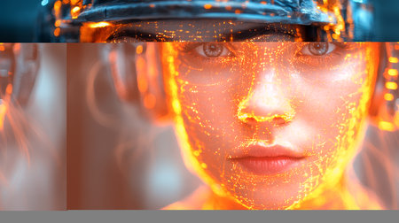 Explore a stunning electrical engineer concept featuring a woman with luminous light effects, symbolizing innovation and technology in a futuristic setting.の素材