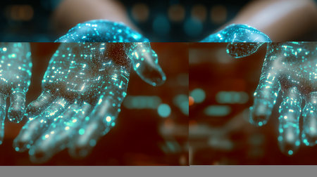 Explore a futuristic concept showcasing hands integrated with a digital interface, symbolizing the innovative possibilities of automation in modern industries.の素材