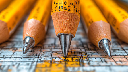A close-up image showcasing sharpened pencils positioned on a detailed engineering blueprint. Ideal resource for design projects, education, and creative inspiration.の素材