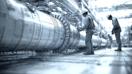 A fascinating view of civil engineering in action, showcasing construction workers engaged with intricate piping and blueprints in an industrial setting.の素材