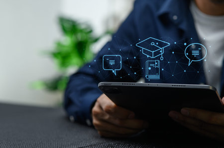 A person engages with a tablet, surrounded by digital icons representing online learning and...