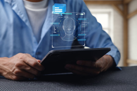 A person interacts with a tablet displaying advanced AI technology for analysis and calculations. The image showcases a digital interface and innovative applications in research and programming.の写真素材