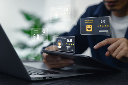 A person reviews customer feedback and satisfaction ratings on a tablet, highlighting data analysis in modern business practices. Engaging with technology enhances decision-making.の写真素材
