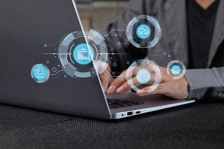A modern approach to logistics integrates technology for efficient management of goods. This image showcases digital solutions for global transportation and trade.の写真素材