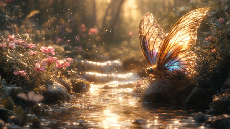 A mesmerizing fairy with iridescent wings rests beside a sparkling stream, surrounded by vibrant flowers and soft sunlight. This enchanting scene evokes a sense of tranquility and magic.の写真素材