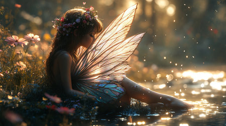 A captivating fairy with iridescent wings rests peacefully by sparkling water, surrounded by blooming flowers, evoking a sense of magic and serenity in nature.の写真素材