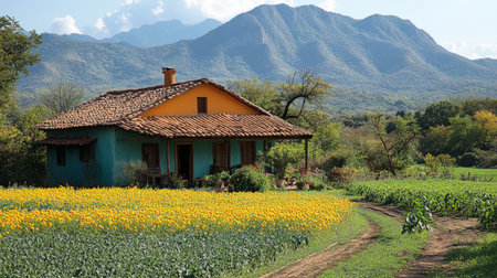 A charming farmhouse with vibrant orange roof stands beside a colorful flower field, nestled against majestic mountains under a clear blue sky.の写真素材