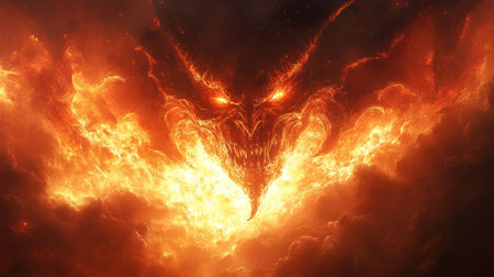 This striking image captures a fiery hellish landscape featuring demonic elements. The intense...