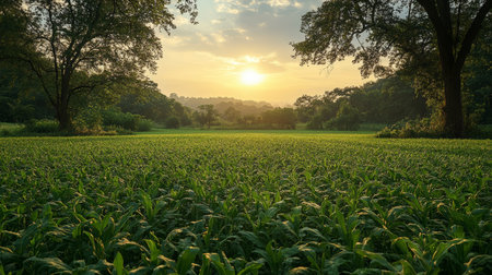 Experience the tranquility of a sunrise illuminating a lush agricultural field. The scene captures the beauty of nature with vibrant greenery and serene landscapes.の写真素材