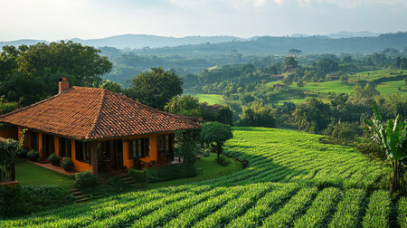 A picturesque farm scene showcasing a charming farmhouse surrounded by vibrant green fields and rolling hills under a clear sky. Ideal for agricultural themes.の写真素材