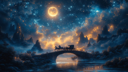 Experience a captivating fantasy scene featuring a magical carriage drawn by unicorns, crossing a moonlit bridge under a starry night sky.の写真素材