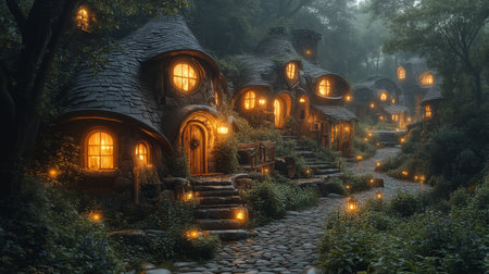 A magical enchanted village scene at dusk featuring cobblestone streets lined with charming houses glowing with warm lantern light amidst lush greenery.の写真素材