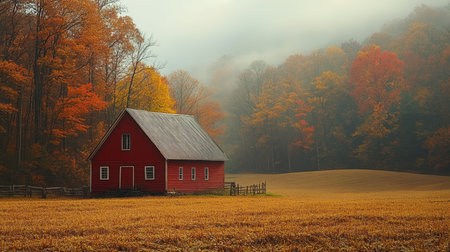 A serene autumn landscape showcasing a vibrant red barn in a foggy setting, surrounded by colorful...