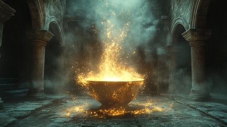 Explore an enchanting scene featuring a glowing cauldron radiating mystical energy in a dark, atmospheric environment, igniting a sense of magic and wonder.の写真素材