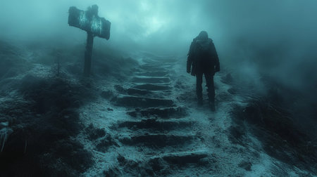 A lone traveler walks up a fog-covered pathway surrounded by a mysterious atmosphere. The scene...