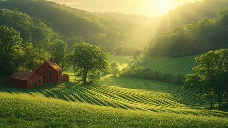 Explore a serene agricultural landscape featuring lush green hills, a charming farmhouse, and warm sunlight breaking through the trees in a peaceful rural setting.の写真素材