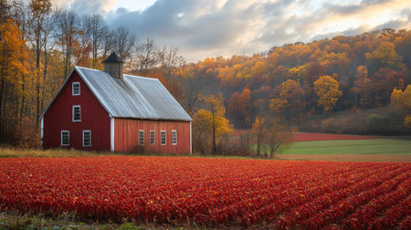 A picturesque autumn scene featuring a red barn surrounded by vibrant fields of crops and colorful foliage. Ideal for agricultural and landscape themes.の写真素材