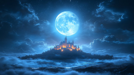 A stunning medieval castle stands atop a hill, illuminated by the full moon, surrounded by mystical clouds, creating a serene and enchanting night scene.の写真素材