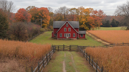 A picturesque red farmhouse sits amidst golden fields, creating a serene autumn scene. Colorful trees frame the landscape, enhancing rural charm and tranquility.の写真素材