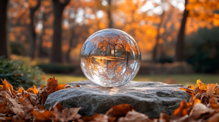 A captivating crystal ball rests on a stone, reflecting a serene autumn landscape filled with vibrant orange leaves and tranquil trees.の写真素材