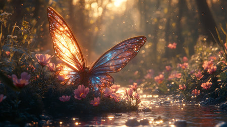 A beautiful fairy with iridescent wings rests by a sparkling stream in a sunlit forest. Surrounded by delicate flowers, this enchanting scene captures a moment of magic and tranquility in nature.の写真素材