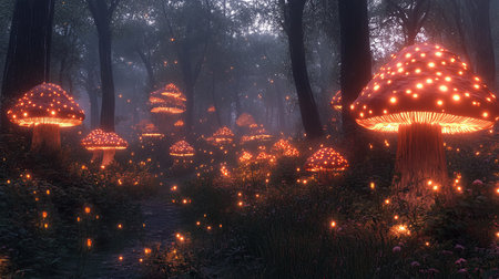 Experience an enchanting scene of towering glowing mushrooms illuminating a magical forest, capturing the serene beauty of nature at twilight.の写真素材