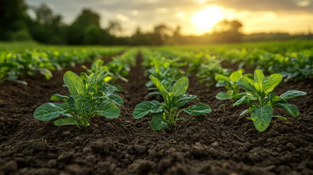 Lush green plants thrive in rich soil under a warm sunrise, showcasing the beauty of agriculture. This tranquil rural scene captures the essence of growth and new beginnings.の写真素材