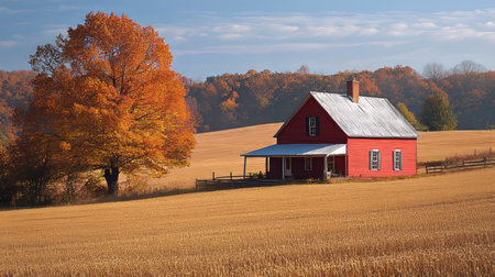 Experience the tranquility of a rural autumn landscape, featuring a charming red farmhouse surrounded by golden fields and vibrant fall foliage.の写真素材