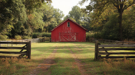 A charming red barn stands proudly in a serene landscape, embraced by verdant fields and surrounding trees. The scene captures the essence of rural life and tranquility.の写真素材