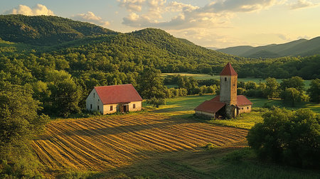 Serene rural landscape showcasing farmhouses against a backdrop of lush mountains. The golden evening light bathes the fields, creating a peaceful atmosphere.の写真素材