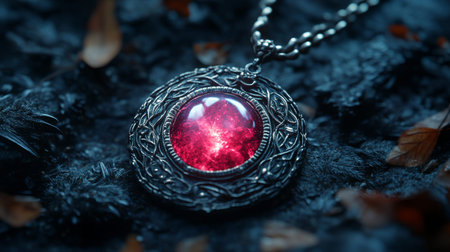 A beautifully crafted amulet featuring a glowing red gemstone, set against a dark textured background. This mystical piece captures a sense of magic and elegance.の写真素材