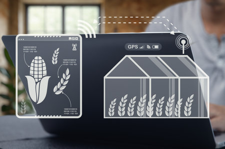 Innovative agriculture technology features GPS tracking and crop monitoring tools. This image showcases the integration of digital solutions in modern farming practices.の写真素材