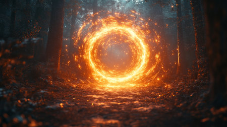 A breathtaking magical portal opens in the heart of a serene forest, surrounded by vibrant trees and mystical light, inviting exploration into the unknown.の写真素材