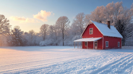 Beautiful red farmhouse surrounded by a snowy field during sunrise. This serene winter landscape captures the tranquility of rural life with frosty trees and a colorful sky.の写真素材