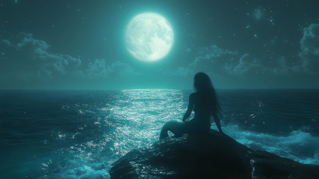 A serene mermaid rests gracefully on a rock, surrounded by a moonlit ocean. The captivating scene depicts tranquility and beauty under a starry night sky.の写真素材