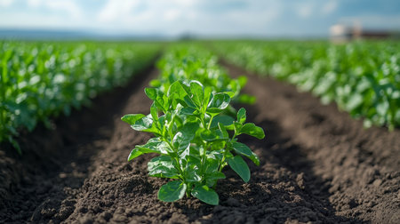 A vibrant green plant rises from nutrient-rich soil in a lush agricultural field. This image captures the essence of growth and nature in farming.の写真素材