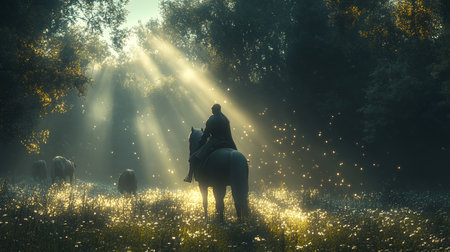 A prince rides a majestic horse through a mystical forest, where sunlight beams filter through trees, creating a serene atmosphere filled with magical beauty.の写真素材