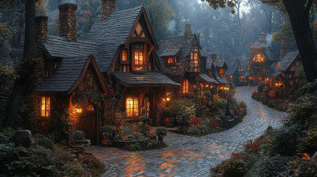 A serene enchanted village at dusk, showcasing charming cobblestone streets lined with warm-lit houses, nestled among trees, creating a magical atmosphere.の写真素材