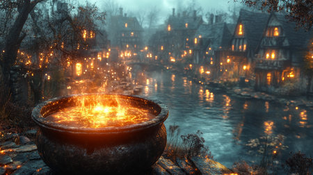 A mystical cauldron bubbles at the edge of a twilight village, casting a warm glow across the water. The enchanting scene captures the magic of folklore and tradition.の写真素材