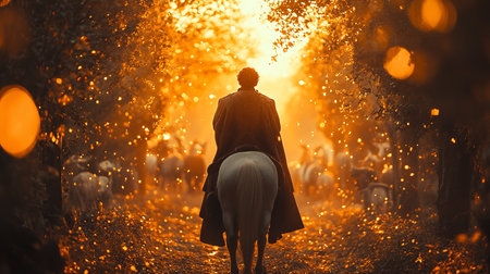 A serene scene featuring a prince riding a horse through a mystical forest. The warm glow of sunset filters through the trees, creating an enchanting atmosphere.の写真素材