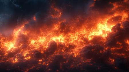 Experience a stunning display of fiery clouds in vibrant red and orange hues, creating a dramatic and intense atmosphere. Perfect for backgrounds.の写真素材