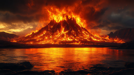 A dramatic volcano eruption at sunset with flowing lava, creating a breathtaking display of nature's fury and vibrant colors against a dark sky.の写真素材