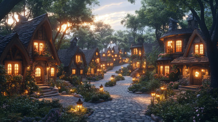 Experience the charm of an enchanted village at dusk, featuring cobblestone streets and warm glowing lights. This scene captures a magical atmosphere perfect for storytelling.の写真素材