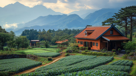 A serene agricultural scene featuring a charming house surrounded by lush fields and majestic mountains. The sky is beautifully cloudy, creating a tranquil atmosphere.の写真素材