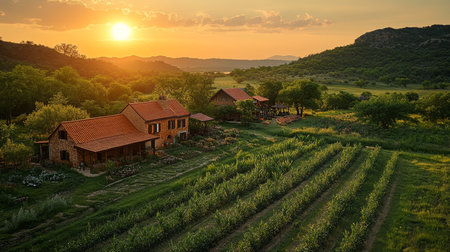 Experience a picturesque sunset over a tranquil agricultural farm, showcasing lush green crops and charming rustic houses surrounded by serene nature.の写真素材