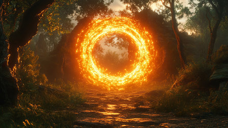A captivating scene featuring a glowing magical portal in the middle of a serene forest. Surrounded by lush trees and an enchanting atmosphere, this image invites exploration.の写真素材